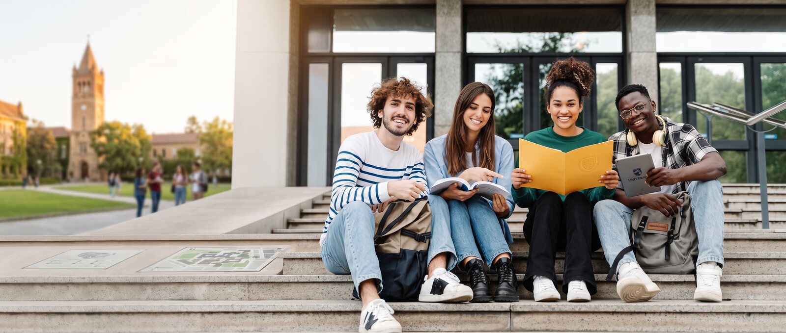 Four college students sitting together with books and backpacks on campus steps