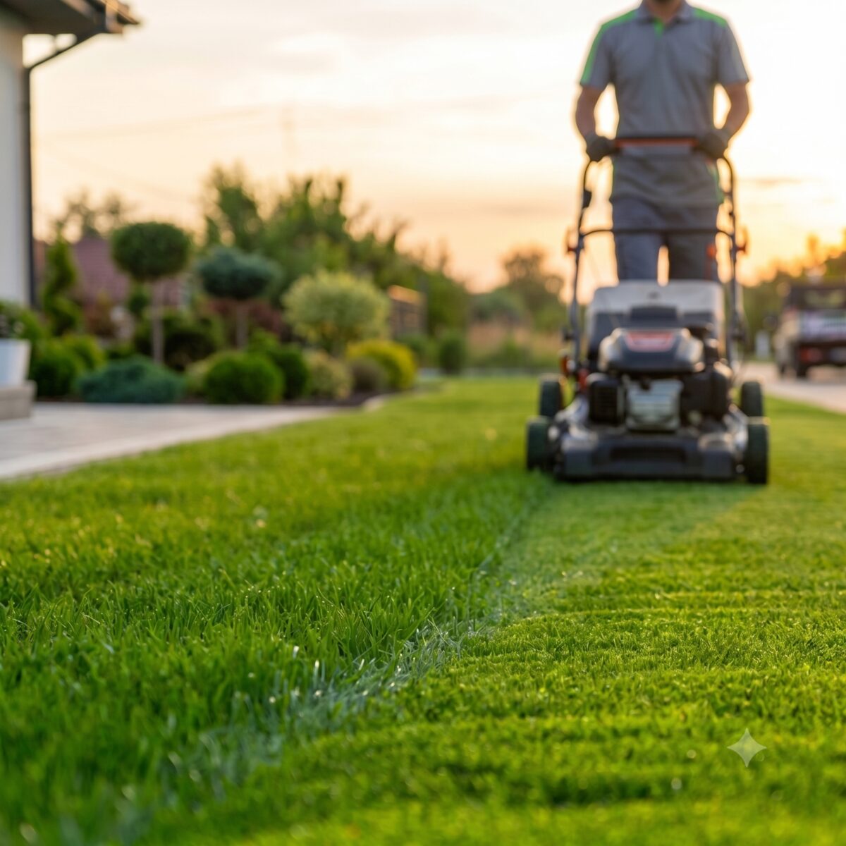 TAKL pro mowing a lush green lawn