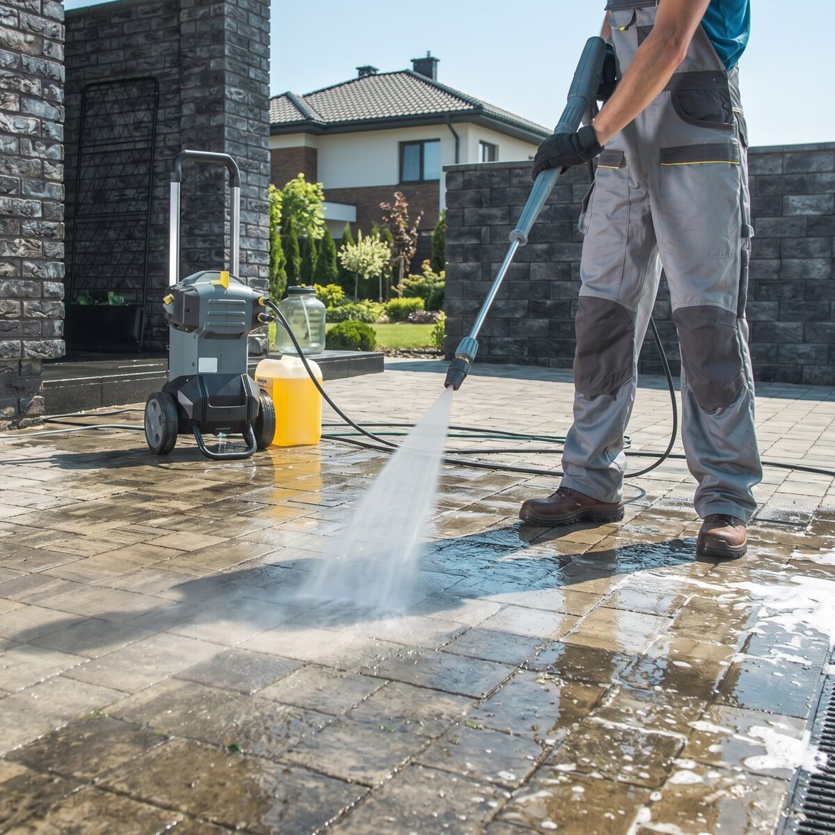 TAKL pro power washing a paver patio outside a home